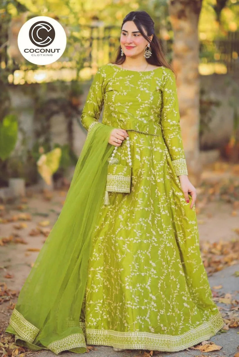 New 4 Piece Embroidered Top With Long Flare Embroidery Skirt And Four Side Border Embroidered Dupatta With Handmade Eidi Potli